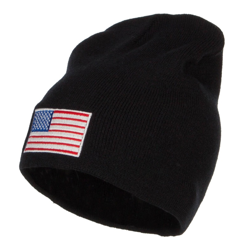 USA Flag Embroidered Big Short Beanie Black XL-3XL