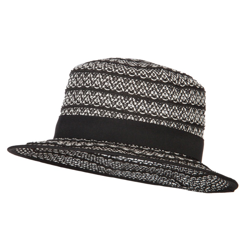 Women’s Crochet Weave Paper Braid Boater Hat Black White One Size
