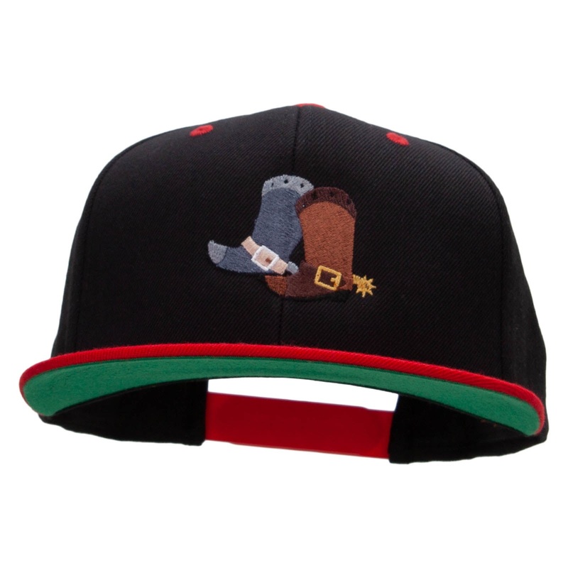 Cute Cowboy Boots Embroidered Wool Blend 2 Tone Classic Snapback Black Red One Size