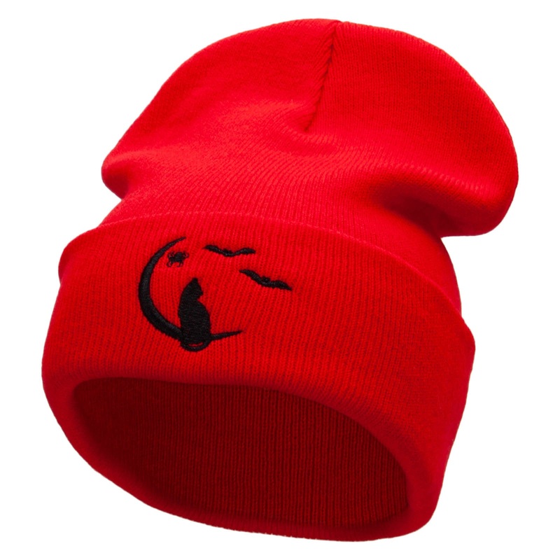 Moonlight Cat Embroidered 12 Inch Long Knitted Beanie Red One Size