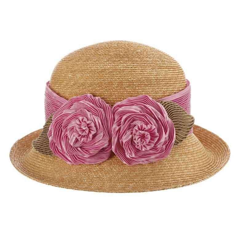 Sara Wheat Braid Dress Hat with Pleated Satin Rose – Callanan Hats Mauve Medium (57 cm)