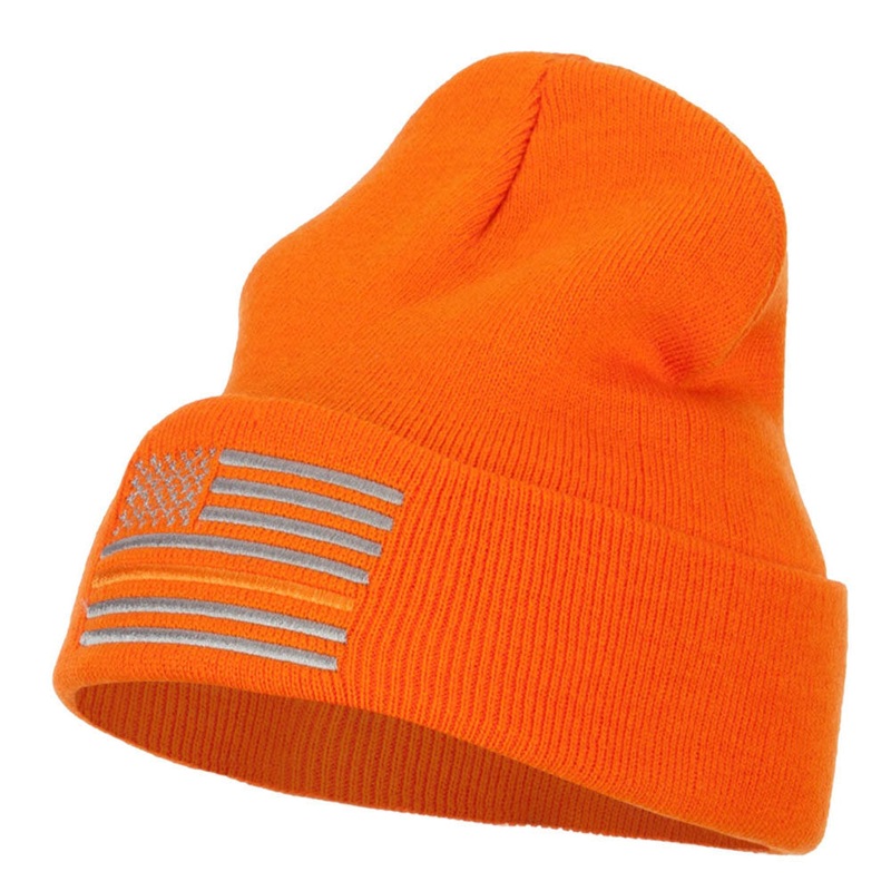 Thin Orange Line USA Flag Embroidered Long Beanie Orange One Size