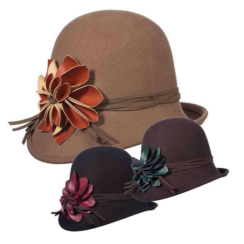 Wool Felt Asymmetrical Cloche with Leatherette Flower – Scala Hats Pecan