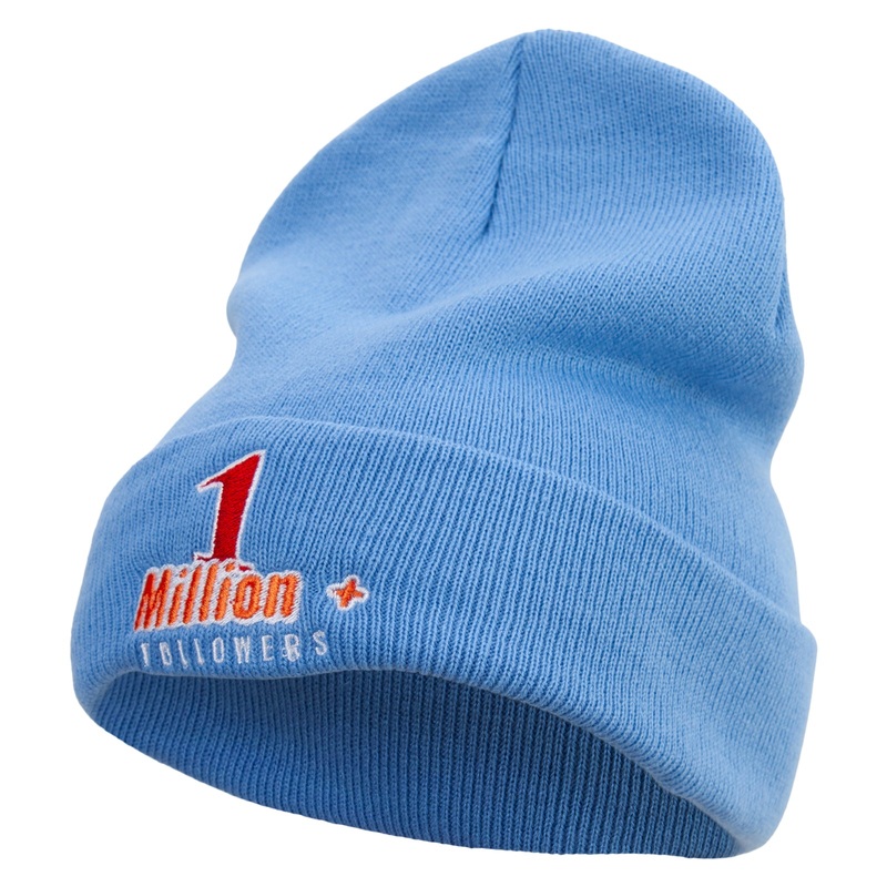 1 Million Followers Embroidered 12 Inch Long Knitted Beanie Sky Blue One Size