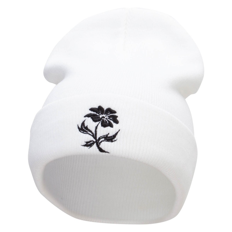 Black Flower Silhouettes Embroidered 12 Inch Long Knitted Beanie White One Size