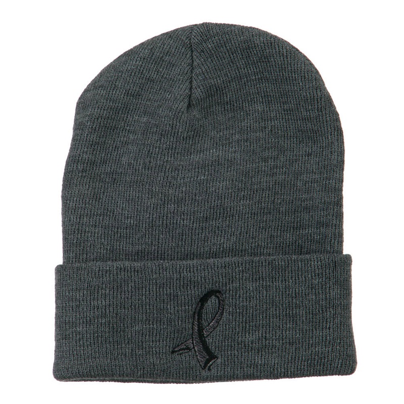 Black Ribbon Skin Cancer Embroidered Long Beanie Grey One Size