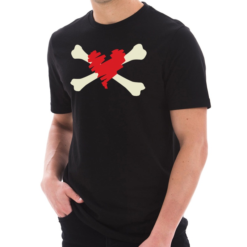 Bones and Scribbled Heart Graphic Design Short Sleeve Cotton Jersey T-Shirt Black XS