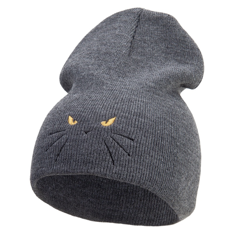 Made in USA Halloween Cat Eye Embroidered 8 Inch Short Beanie Charcoal One Size