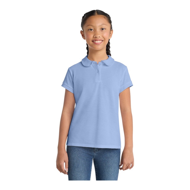 Port Authority YG503 Girls Silk Touch Peter Pan Collar Polo Light Blue XS