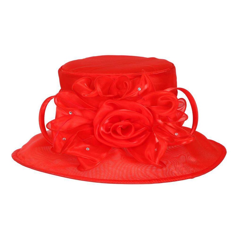 Rose and Rhinestone Organza Hat Red