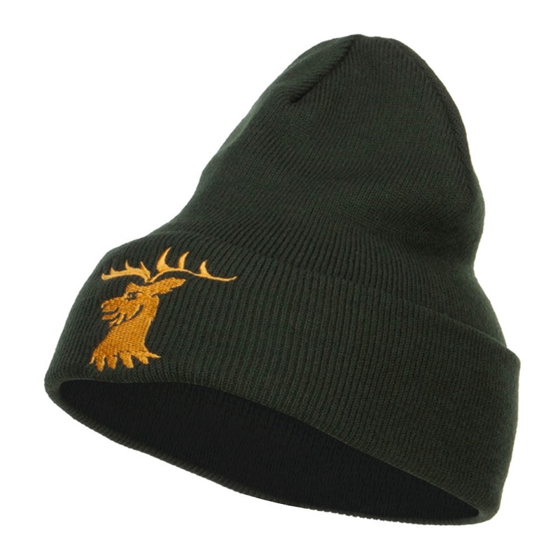 Stag Emblem Embroidered Long Beanie Olive One Size