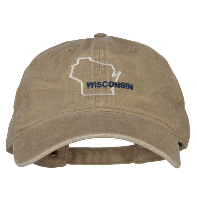 Wisconsin with Map Outline Embroidered Washed Cotton Twill Cap Khaki One Size