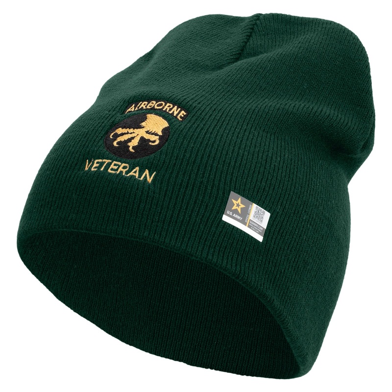 17th Airborne Division Veteran Embroidered 8 Inch Knitted Short Beanie DK Green One Size