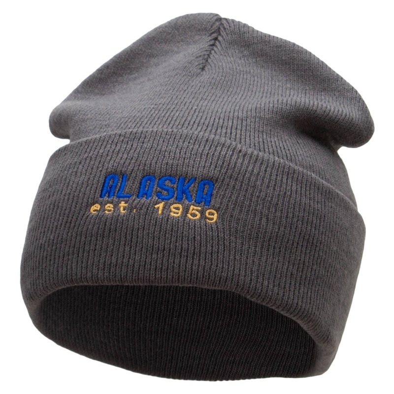 Alaska Year Established Embroidered 12 Inch Acrylic Cuff Long Beanie Charcoal One Size
