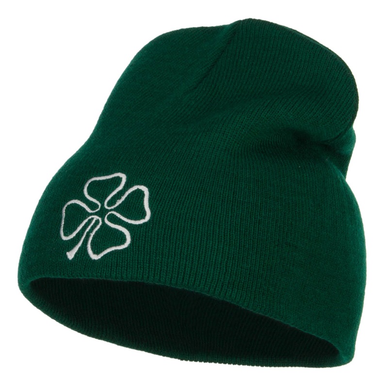 Irish Clover Embroidered Short Beanie Dk Green One Size