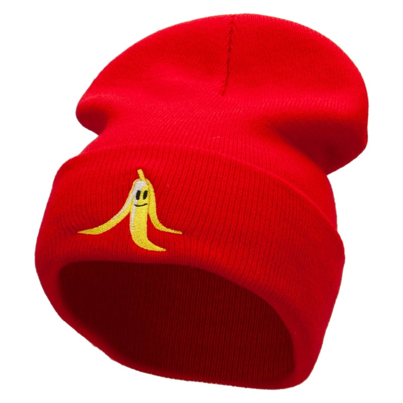 Banana Smile Embroidered 12 Inch Long Knitted Beanie Red One Size