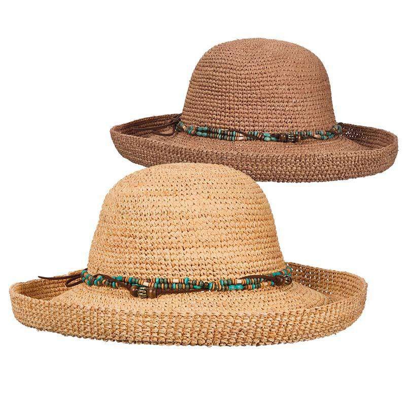 Crocheted Organic Raffia Up Brim Hat with Wood Beads – Scala Hats Natural