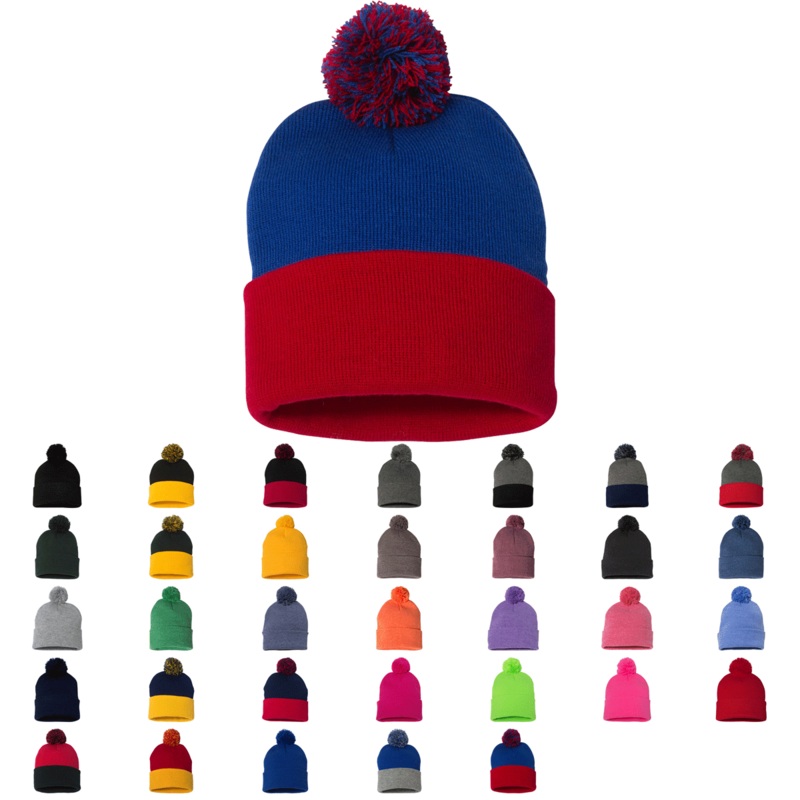 Sportsman SP15 – Pom Pom 12″ Knit Beanie, Knit Cap with Cuff, Pom – SP15 Black