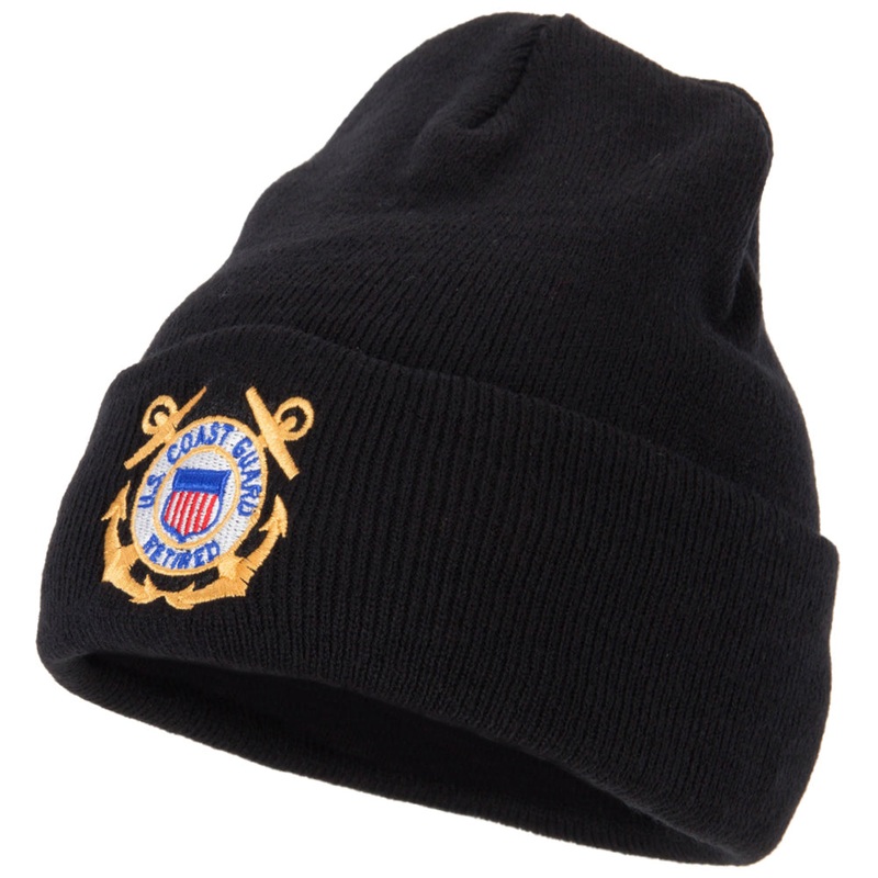 US Coast Guard Retired Anchors Embroidered Long Beanie Black One Size
