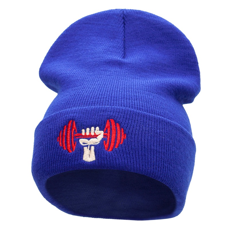 Weight Lifting Embroidered 12 Inch Long Knitted Beanie Royal One Size