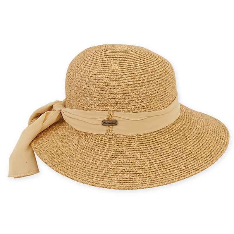 Asymmetrical Brim Sun Hat with Chiffon Sash – Sun ‘N’ Sand Hat Tan Tweed Medium (57 cm)