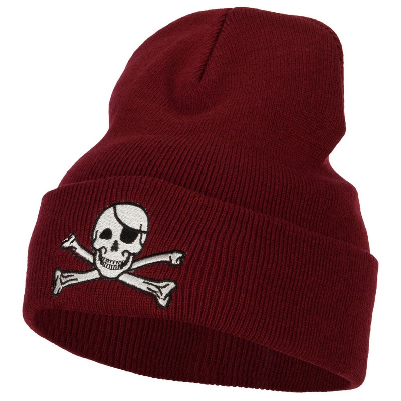 Jolly Rogers Skull Embroidered Long Knitted Beanie Maroon One Size