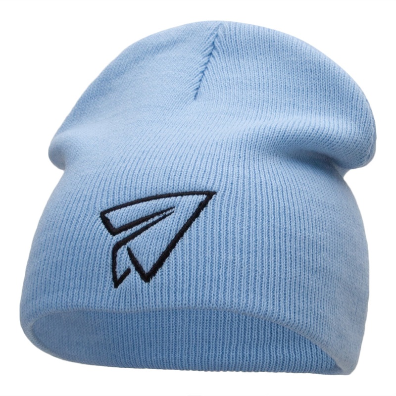 Paper Plane Outline Embroidered Short Knitted Beanie Lt Blue One Size
