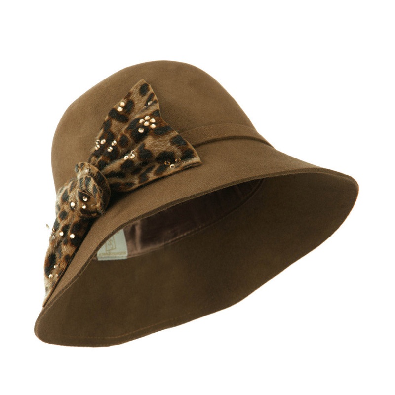 Wool Felt Hat with Animal Print Bow Pecan One Size