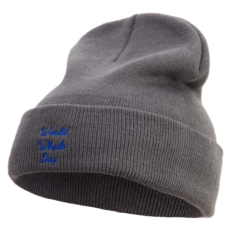 World Whale Day Embroidered 12 inch Acrylic Blank Cuff Long Beanie Charcoal One Size