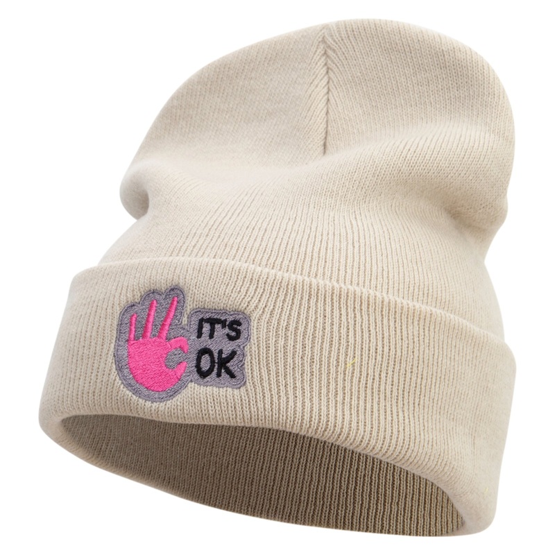 It’s Ok Embroidered 12 Inch Long Knitted Beanie Birch One Size