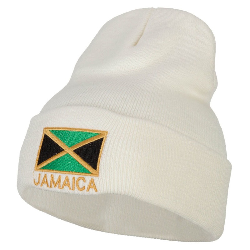 Jamaica Flag with Letters Embroidered Long Knitted Beanie White One Size
