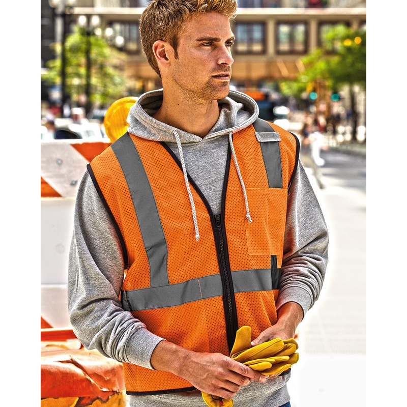 Kishigo 1519-1520 Single Pocket Zipper Mesh Vest, Class 2 Vest Fluorescent Red (1719) S/M