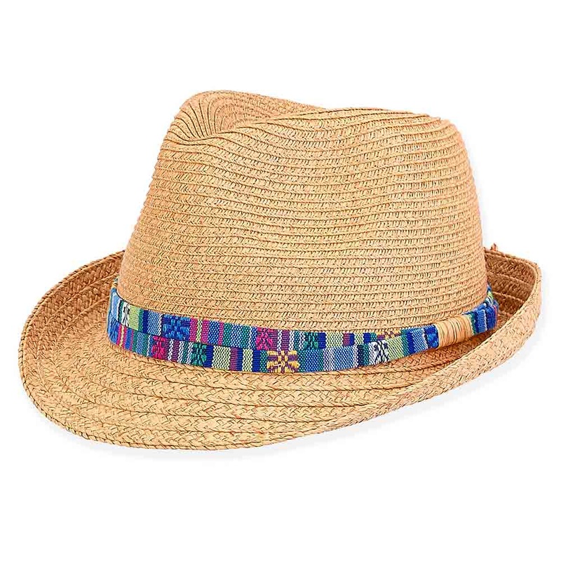 Petite Tribal Band Fedora for Small Heads – Sunny Dayz Hats Tan / Blue Small (54 cm)