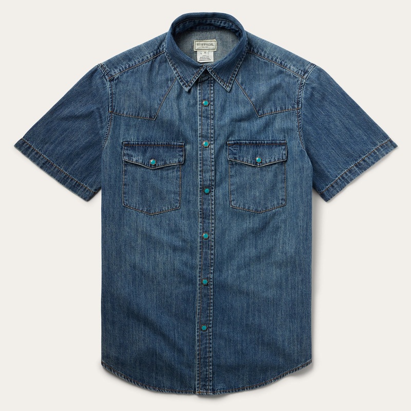 Turquoise Snap Short Sleeve Denim Shirt Blue S