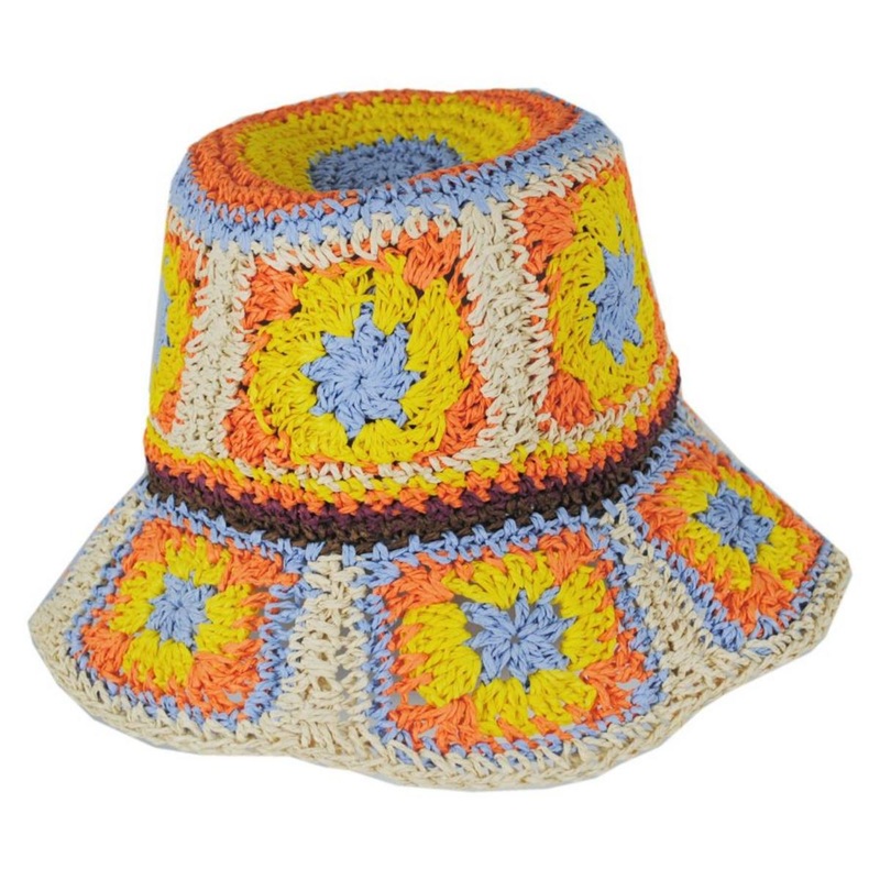 Fergie Granny Square Hand Crochet Toyo Straw Bucket Hat ORANGE ONE SIZE FITS MOST
