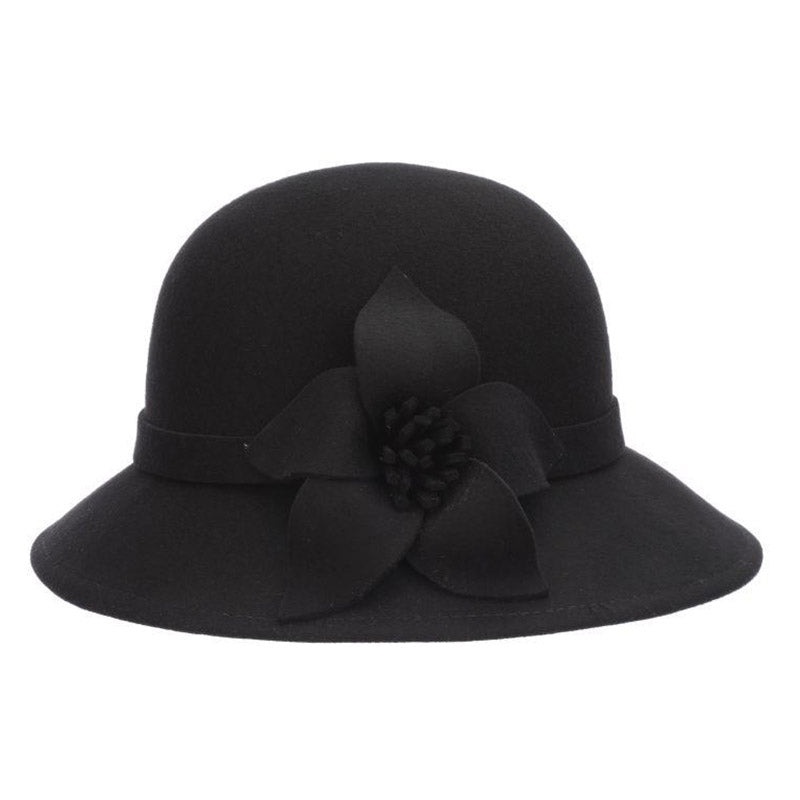 Large Flower Felt Cloche Winter Hat- Scala Hat Black