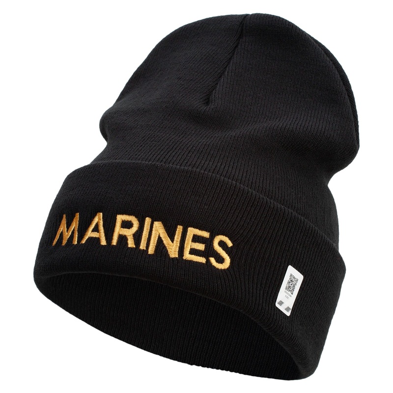 Marines Logo Embroidered 12 Inch Solid Knit Cuff Long Beanie Made in USA Black One Size
