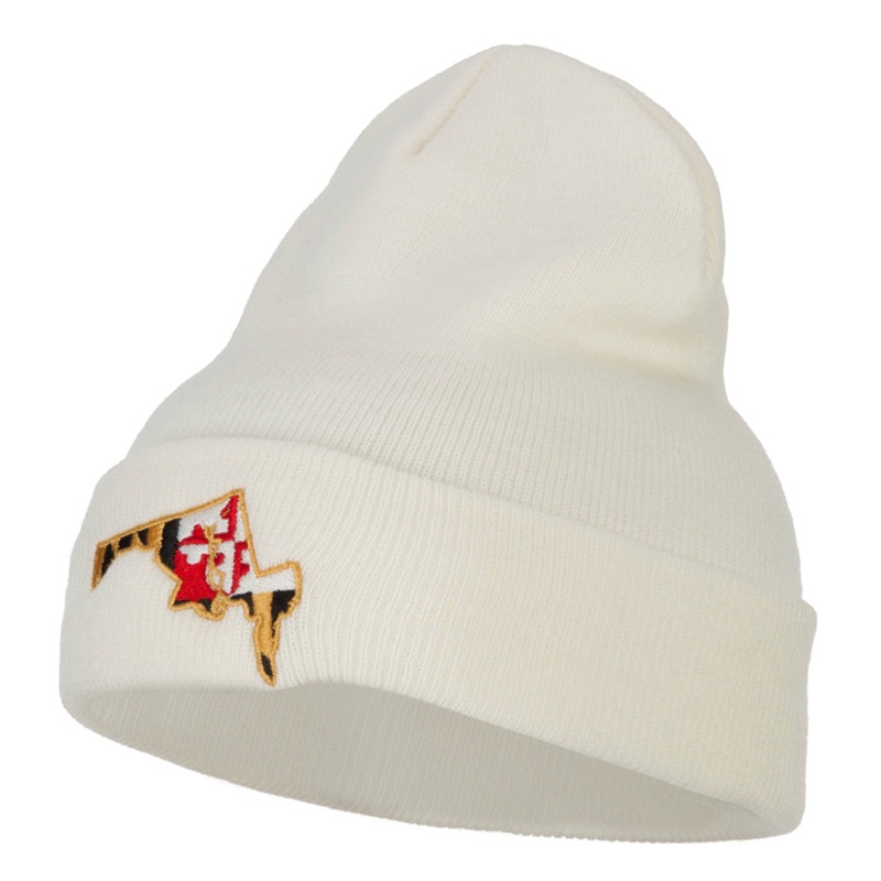 Maryland State Flag Map Embroidered Long Beanie White One Size