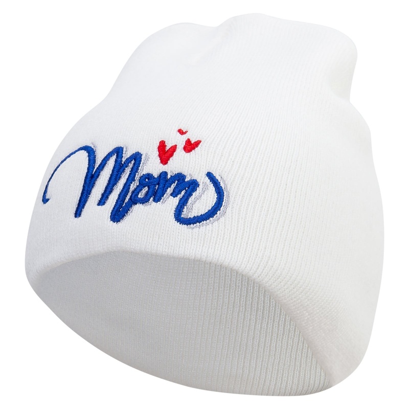 Mom Embroidered 8 inch Acrylic Short Blank Beanie White One Size