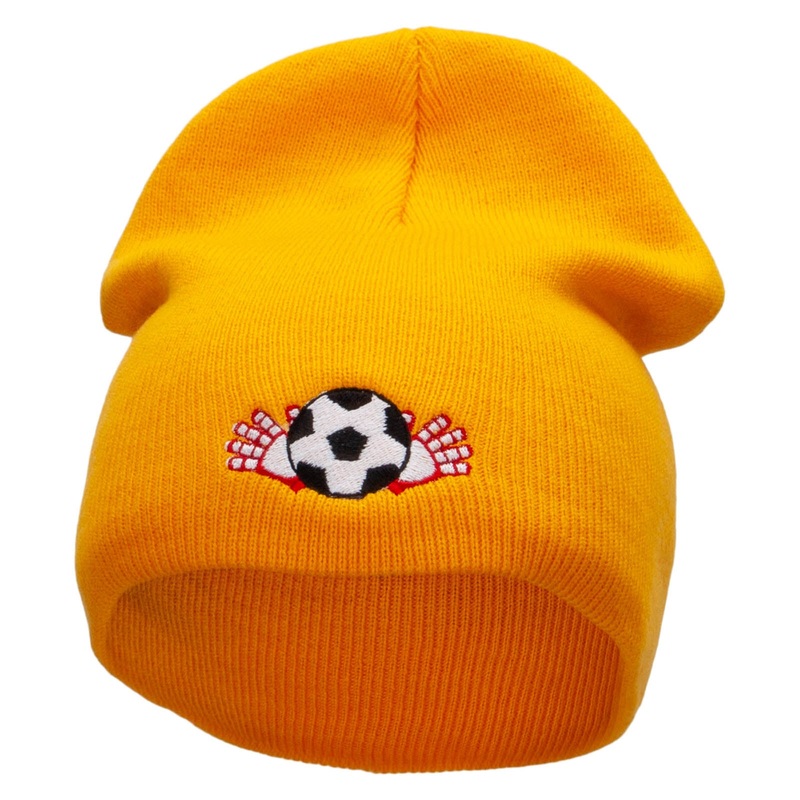 Soccer Ball And Gloves Embroidered 8 inch Acrylic Short Blank Beanie Gold One Size