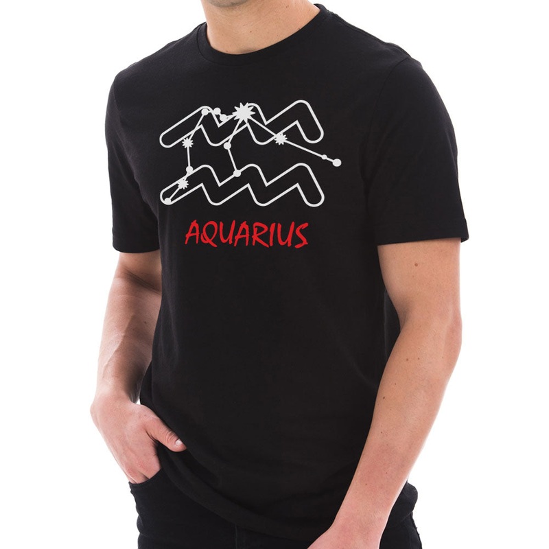Zodiac Aquarius Sign Graphic Design Short Sleeve Cotton Jersey T-Shirt Black XS
