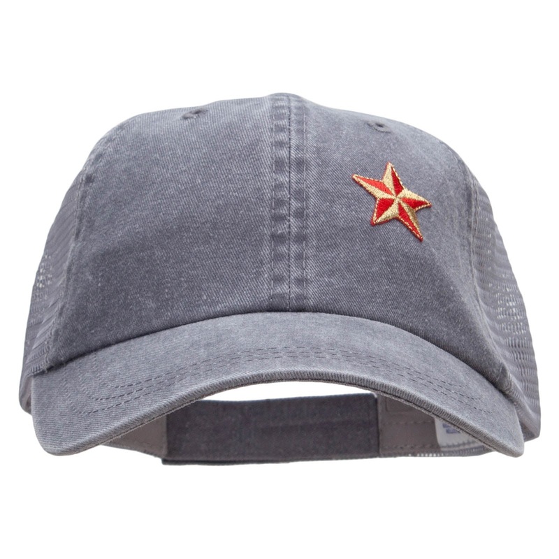 Embroidered Nautical Star Patched Washed Trucker Cap Lt Grey Grey One Size