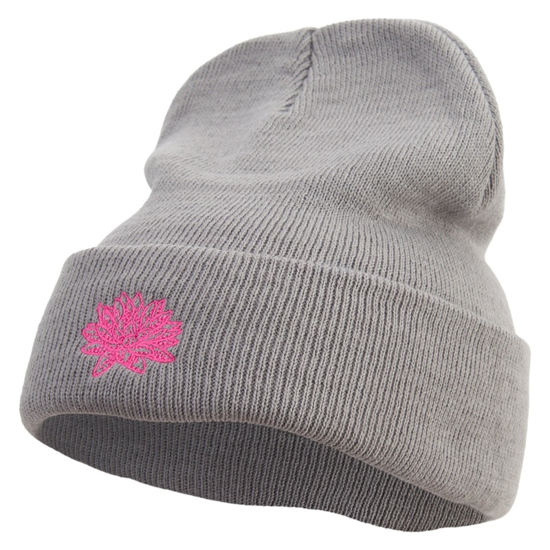 Water Lily Flower Embroidered 12 inch Acrylic Blank Cuff Long Beanie Grey One Size
