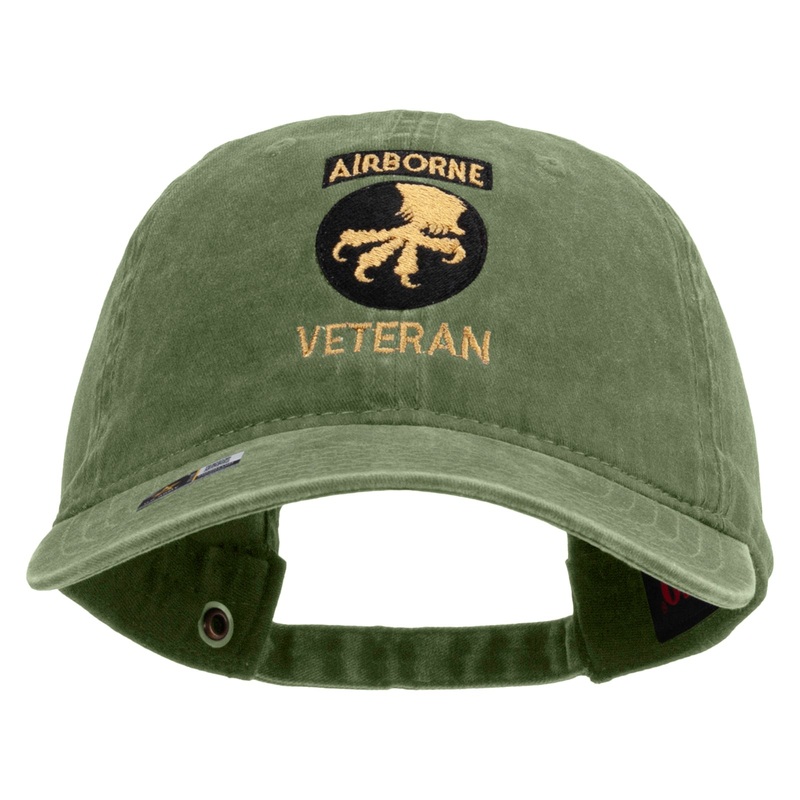 17th Airborne Division Veteran Embroidered Washed Solid Pigment Dyed Cotton Twill Brass Buckle Cap Olive One Size