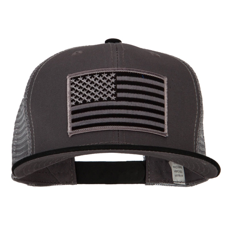 American Grey Flag Patched Big Size Flat Bill Trucker Cap Black Charcoal XL-3XL