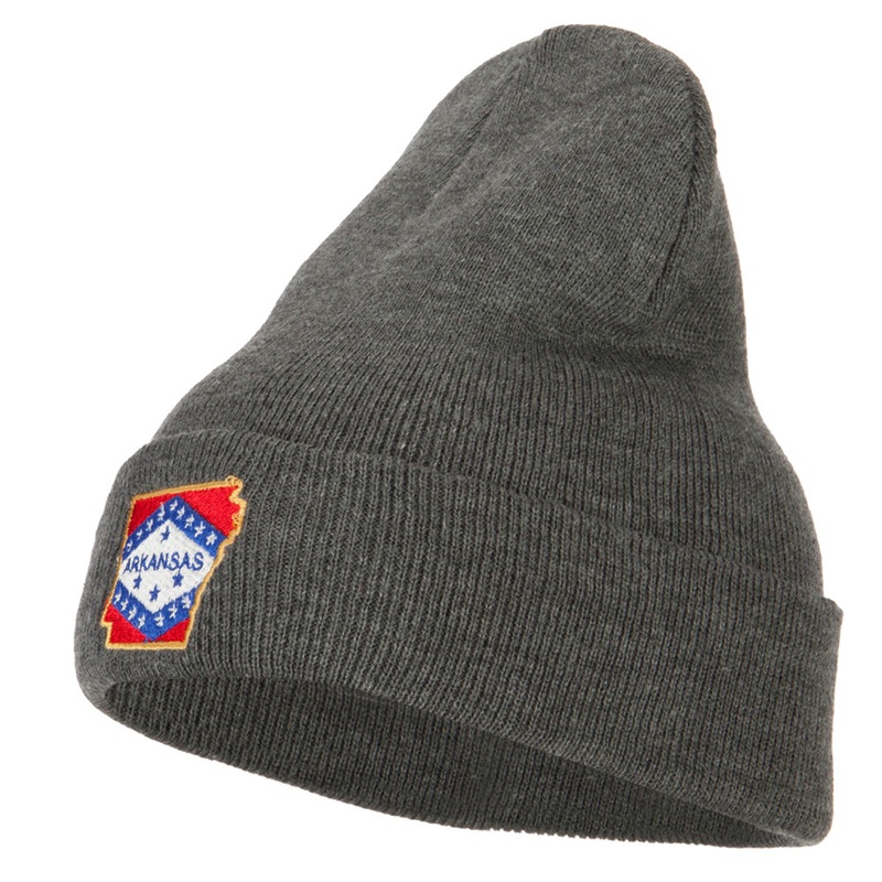 Arkansas State Flag Map Embroidered Long Beanie Dk Grey One Size