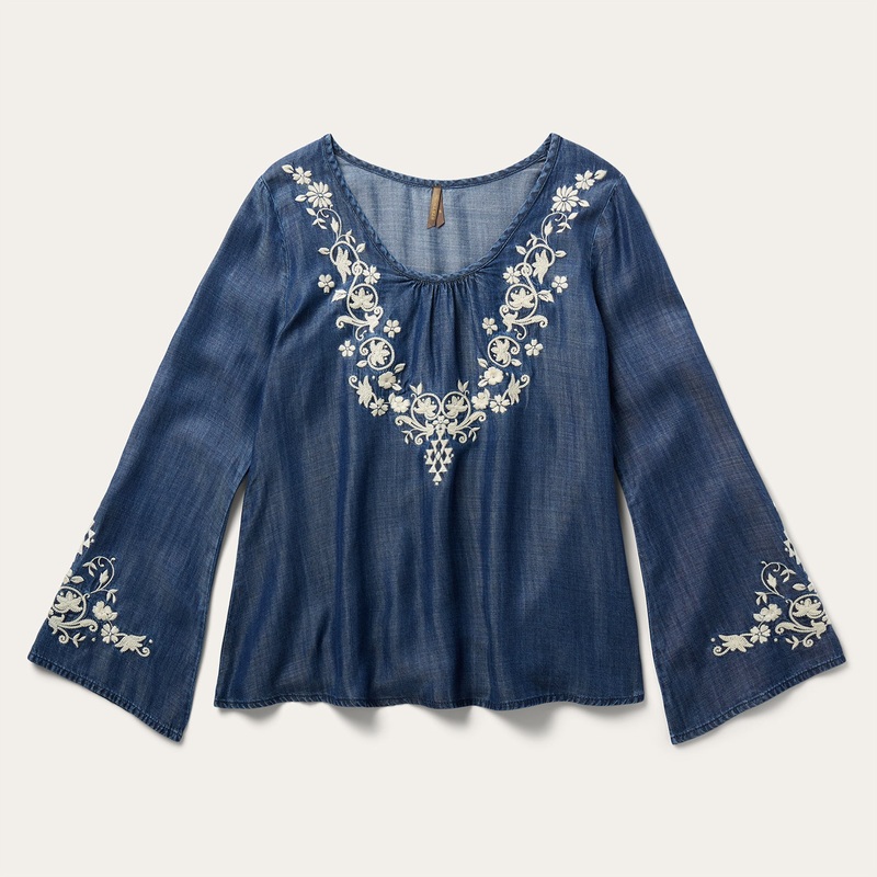Embroidered Denim Peasant Blouse Blue XS