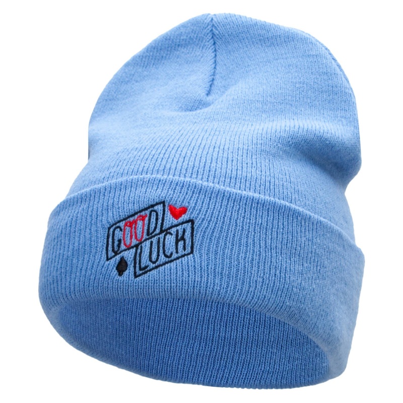 Good Luck Phrase Embroidered 12 Inch Long Knitted Beanie Sky Blue One Size