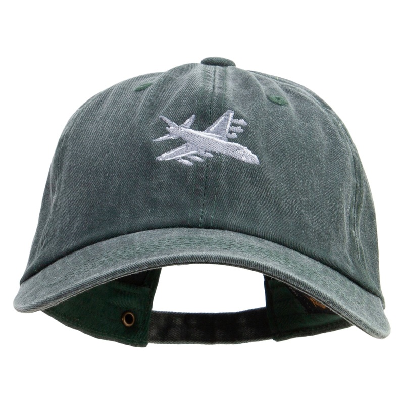 Grey White Airplane Embroidered Unstructured Pigment Dyed Cotton Cap Dk Green One Size