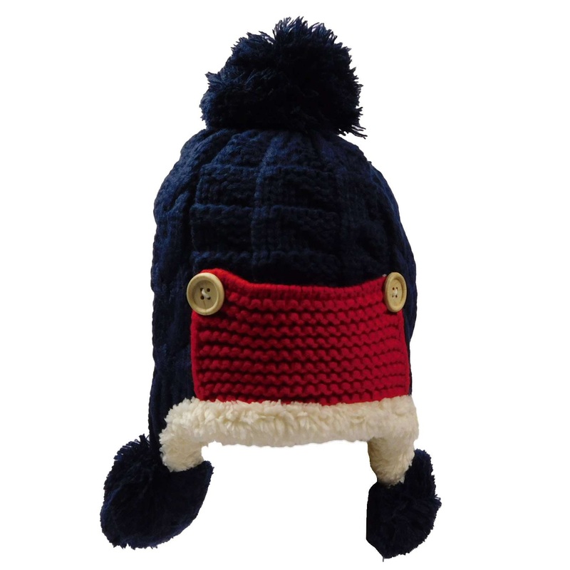 Knit Trapper Hat with Pom Poms Navy